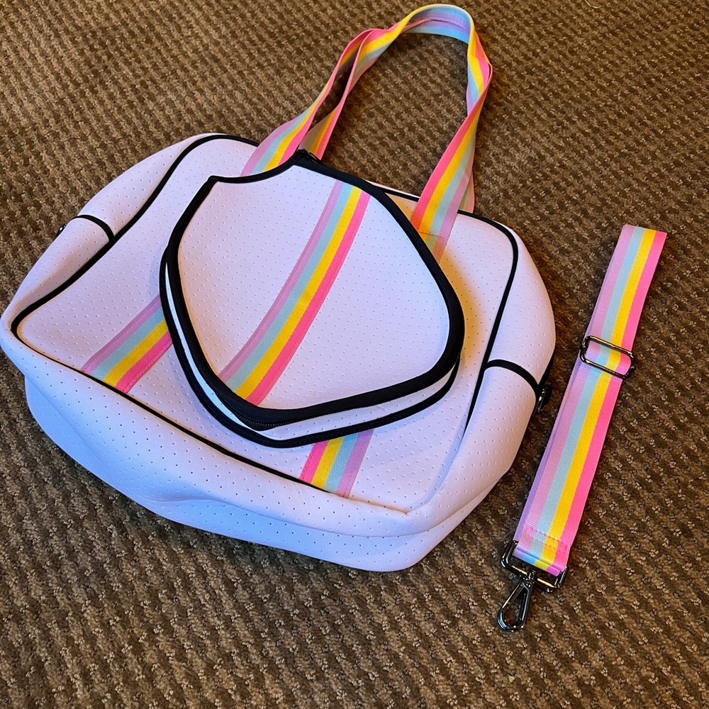 Stylish White Pickleball Bag with Pastel Rainbow Stripes. Crossbody. BNWOT!